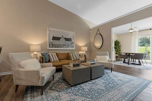 A living room with a couch, chair, and a rug.