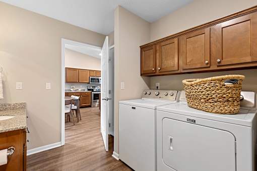 A laundry room with a washer and dryer.