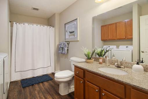 A bathroom with a toilet, sink, and shower.