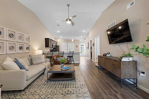 A living room with a couch, a coffee table, and a television.