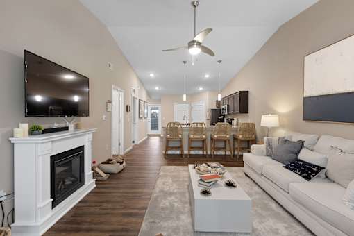 A living room with a fireplace and a television.