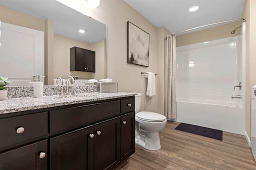 A bathroom with a white toilet and a black cabinet.