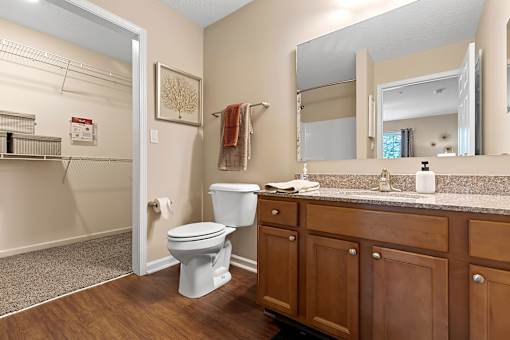 A bathroom with a toilet, sink, and mirror.