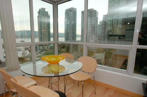a dining room with a view