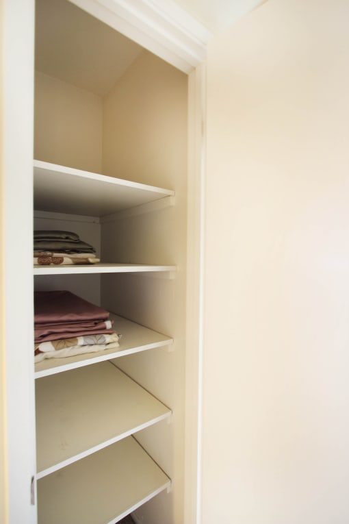 a closet with white shelves and a door that is open