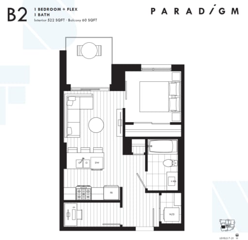a floor plan of a apartment with a bedroom and a living room