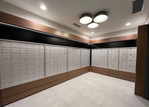 a locker room in a gym with lockers on the wall