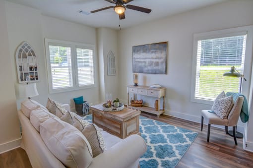 a living room with a white couch and a blue rug
