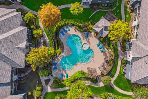 Aerial view of the Sparkling Swimming Pool at Riachi at One21, Plano, TX
