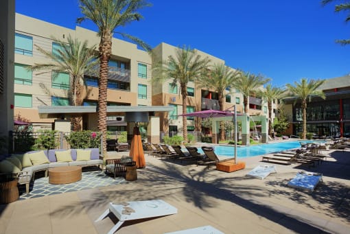 Poolside Relaxing Area at Audere Apartments, Phoenix, AZ, 85016
