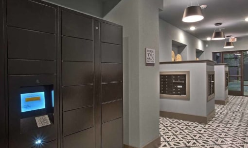 a lobby with a computer on the wall at Hunters Creek Apartments, Denton, 76210