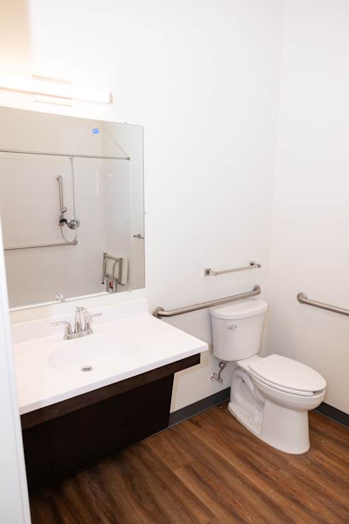 A white toilet sits next to a sink in a bathroom.