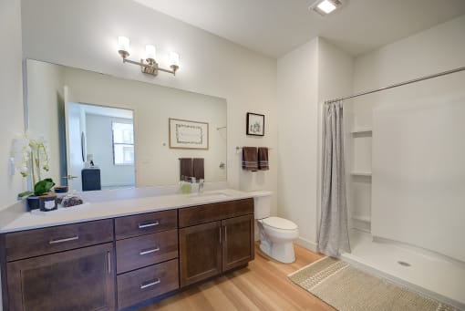 a bathroom with a large mirror and a toilet at Statesman Apartments, Franklin, WI