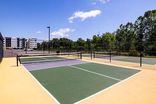 Outdoor pickleball courts with professional nets at Timber Club Apartments, Missouri