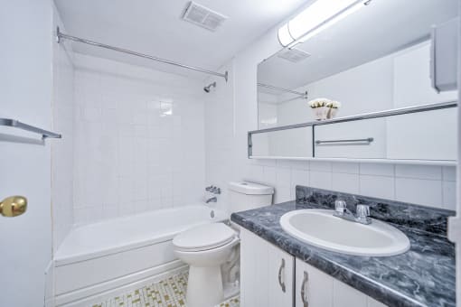 a bathroom with a sink toilet and a bath tub