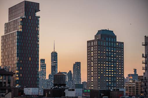 City skyline view at dusk from property at 260 Gold Apartments, Brooklyn, NY