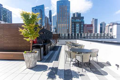 Rooftop deck with outdoor kitchen and city views at 260 Gold Apartments, New York, 11201