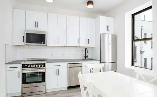 A modern kitchen with white cabinets and stainless steel appliances.