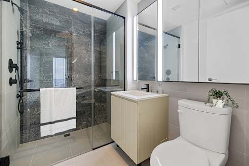 a bathroom with a toilet and a sink and a shower at The Paxton, Brooklyn, NY