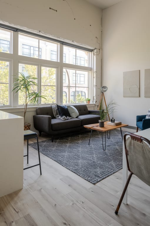 a living room with a large window and a couch at The 22 Apartments, St. Louis