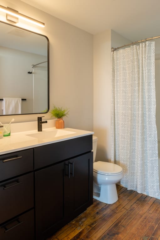 a bathroom with a toilet sink mirror and shower in a 555 waverly unit at The Draper, Missouri
