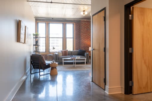 a view of the living room from the hallway