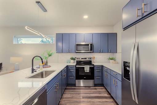 A modern kitchen with blue cabinets and stainless steel appliances.