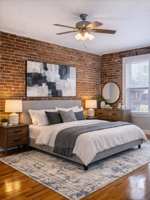 A bedroom with a brick wall and a bed with a white comforter.