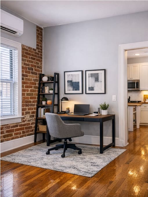 A room with a desk and a chair in front of a brick wall.
