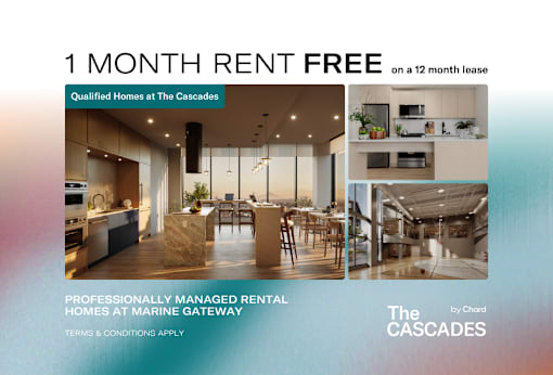 A promotional image for a rental property at The Cascades offers a free first month on a 12 month lease.