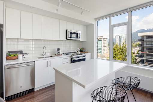 A modern kitchen with white cabinets and a large island.