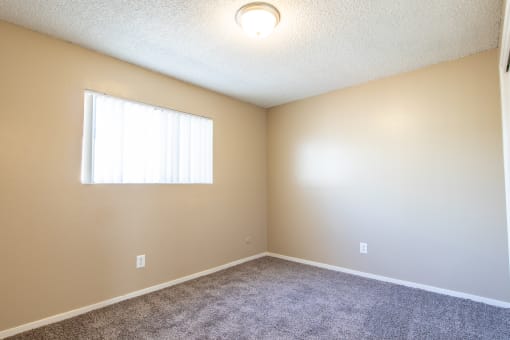 an empty room with carpet and a window