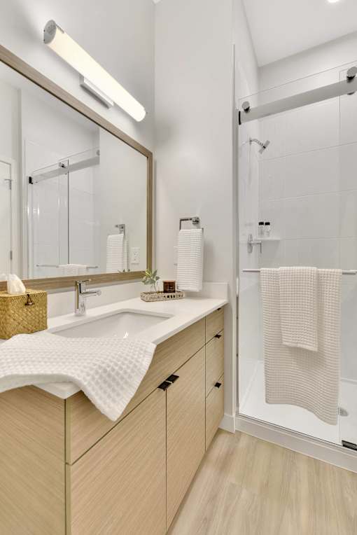 A bathroom with a sink, mirror, and shower.
