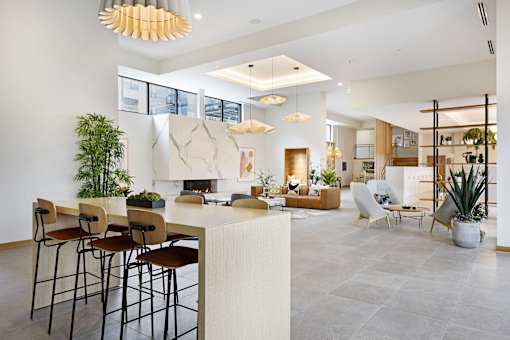 A modern living room with a bar area and a fireplace.