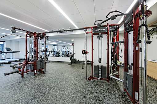 A gym with a variety of equipment including a weight bench and a leg press machine.