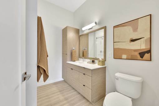 A bathroom with a white toilet, a wooden vanity with a mirror, and a brown towel hanging on the door.