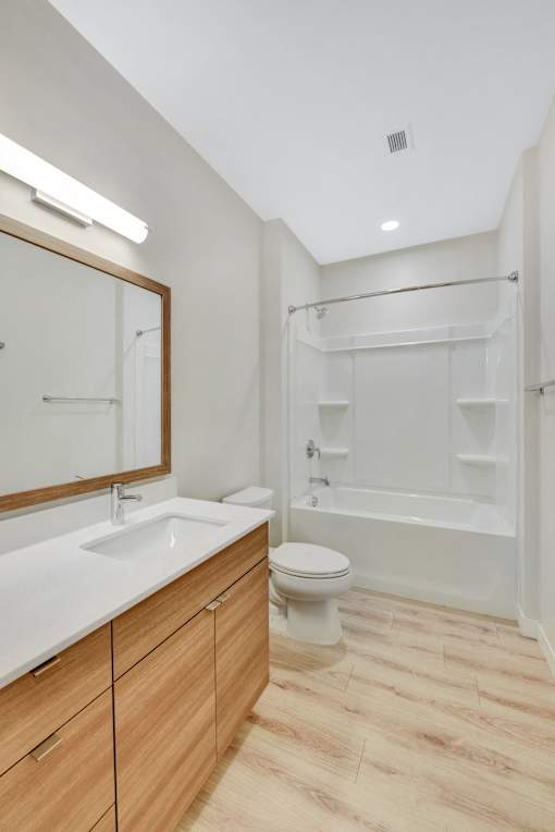 A white toilet sits under a mirror in a bathroom.