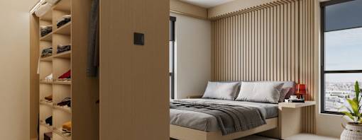 A bedroom with a bed, a nightstand, and a large window with a view of the city.