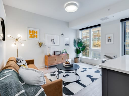 a living room with a couch and a coffee table