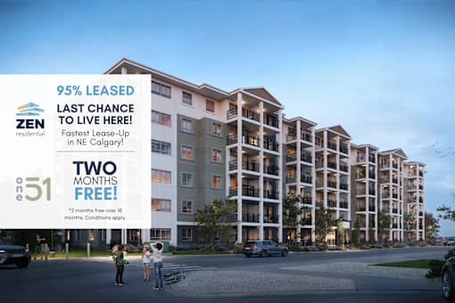 A ZEN residential building advertises a 95% lease-up and two months free.