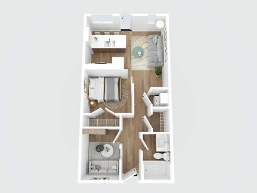 A top-down view of a small apartment with a kitchen, living room, and bathroom.