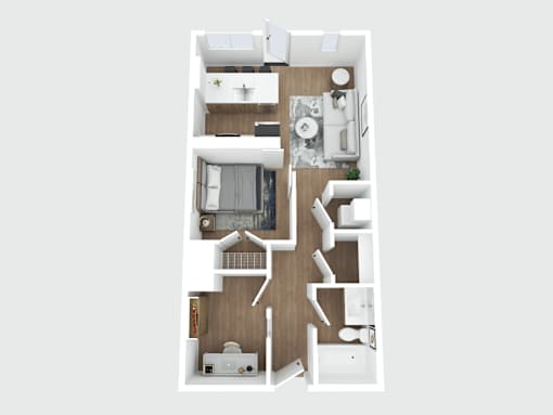 A top-down view of a small apartment with a kitchen, living room, and bathroom.