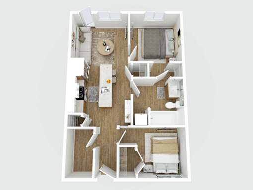 A top down view of a small apartment with a kitchen, living room, and bedroom.