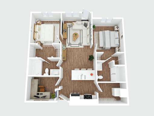 A top-down view of a small, well-organized apartment with a kitchen, living room, and bathroom.