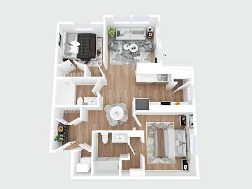 A top-down view of a well-organized apartment with a kitchen, living room, and two bedrooms.