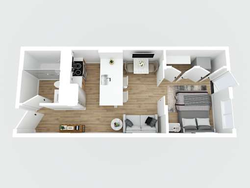 A top-down view of a modern, minimalist apartment with a kitchen, living room, and bedroom.