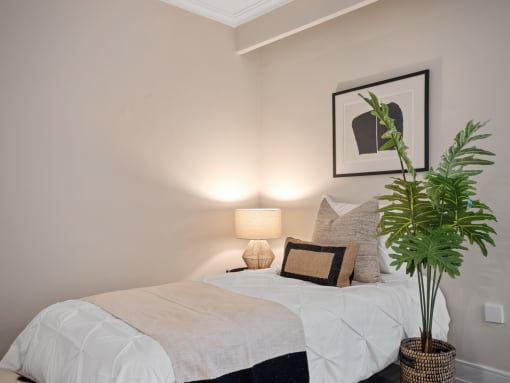 a bedroom with a bed and a potted plant