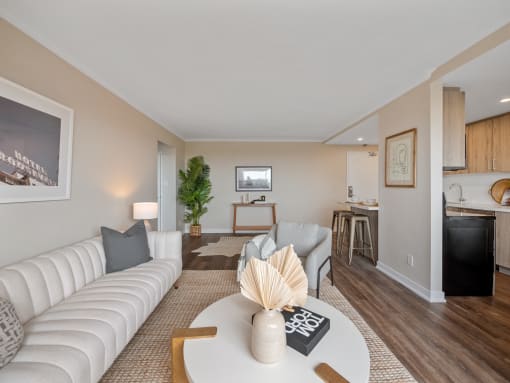 a living room with a white couch and a white coffee table