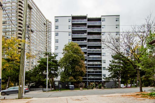a view of the back of the building from the street