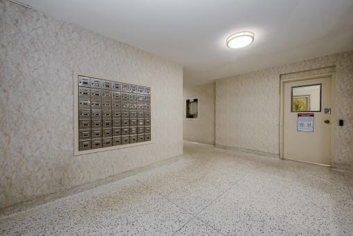 a room with a wall with a numeric plate on it